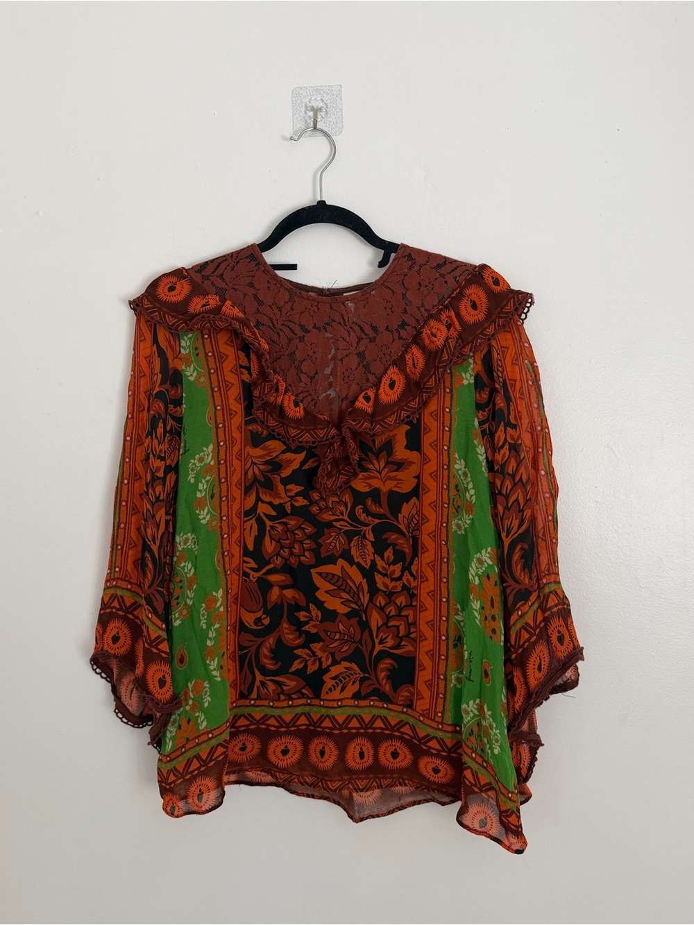 Farm Rio Anthropologie Lace-Bib Ruffle Blouse Orange Green Floral Patchwork